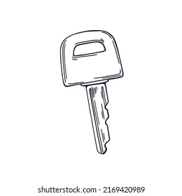 Llave de puerta abierta. Grabado en blanco y negro con un estilo vintage. Dibujo grabado de un elemento de bloqueo moderno. Traje de carpintero detallado a mano. Isolación de dibujo vectorial a mano