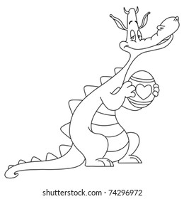 Outlined dragon holding an easter egg. Vector line art illustration coloring page.