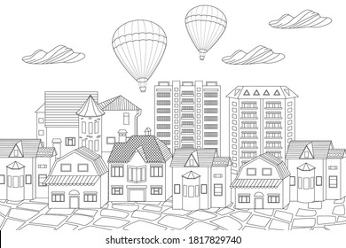 outlined drawing cityscape with hot air balloons in cloudy sky and cobblestone road for your coloring book