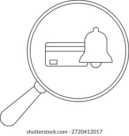 Desenho esboçado apresenta uma lupa que abrange um cartão de crédito e ícone de sino de notificação