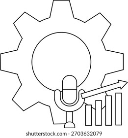 Outlined drawing of a gear microphone rising chart and arrow