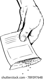 Outlined drawing of hand holding packet with seeds falling out over white background