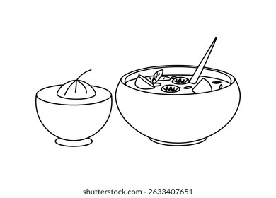Outlined Drawing Of Soup Bowl With Spoon And Dessert Bowl Illustration
