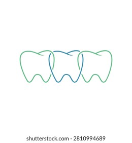 Outlined drawing of three teeth blue green