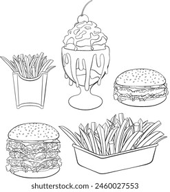 Outlined drawings of burgers, fries, and a sundae