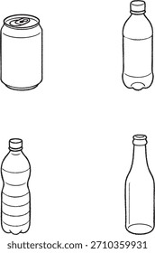 Dibujos delineados de diferentes envases de bebidas, incluidas botellas de plástico y una lata de aluminio.