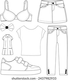 Outlined dressing elements set contains shorts, skirt, bra, tops, pant and shoes 