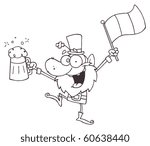 Outlined Drunk Leprechuan Dancing With Beer And A Flag