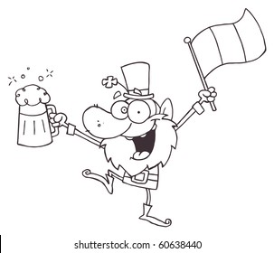 Outlined Drunk Leprechuan Dancing With Beer And A Flag