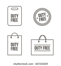 Outlined duty free shopping bags, tags, labels set, collection isolated on white background.
