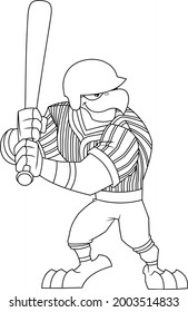 Outlined Eagle Baseball Player Cartoon Character Batting Side. Vector Hand Drawn Illustration Isolated On Transparent Background