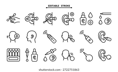 Herramientas de limpieza de oídos delineadas aisladas. Conjunto de iconos simples con rutas de Vector personalizables. Símbolos de higiene personal y cuidado de rutina.