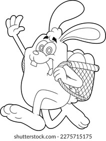 Outlined Easter Bunny Cartoon Character Running With A Basket And Eggs. Vector Hand Drawn Illustration Isolated On Transparent Background