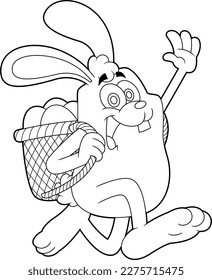 Outlined Easter Bunny Cartoon Character Running With A Basket And Eggs. Vector Hand Drawn Illustration Isolated On Transparent Background