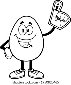 Outlined Easter Egg Cartoon Character Wearing A Foam Finger. Vector Illustration Isolated On White Background