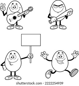 Outlined Easter Egg Cartoon Mascot Character In Different Poses. Vector Hand Drawn Collection Set Isolated On Transparent Background