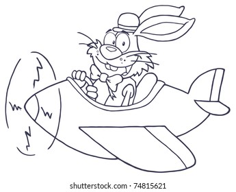 Outlined Easter Rabbit Flying With Plane