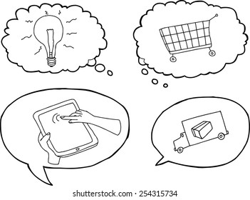 Outlined ecommerce symbols in dialog bubbles for over white