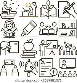 Outlined education-related icons showcase various aspects of learning, studying, and teaching, including books, students, teachers, classrooms, and academic achievement representations.