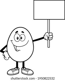 Outlined Egg Cartoon Character Holding A Blank Sign. Vector Illustration Isolated On White Background