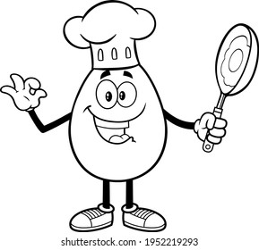 Caricatura Del Chef De Huevos Esbozada Que Gesta Bien Y Sostiene Una Panorámica De Frío. Ilustración Del Vector Aislada En Fondo Blanco