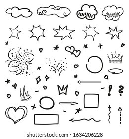 Outlined elements. Symbols on isolation background. Sketchy signs on white. Hand drawn infographic elements. Black and white illustration