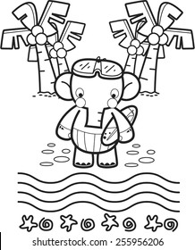Outlined elephant cute on beach background.