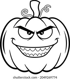 Outlined Evil Halloween Pumpkin Cartoon Emoji Face Character With Angry Expression. Vector Hand Drawn Illustration Isolated On White Background