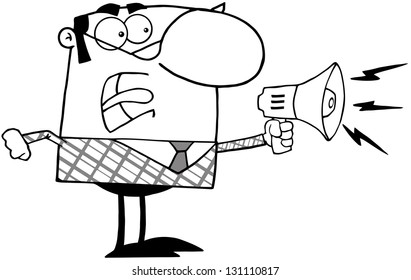 Outlined Excited Business Manager Speaking Through A Megaphone