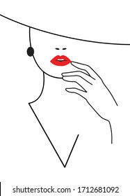 Outlined face of lady with red lips and hat. Sharming pose with hand touching the mouth. Elegance and style concept. Logo for beauty salon, poster for magazine, bar or night club add. Print. Poster.