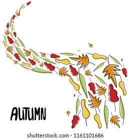 Outlined fallen leaves scattered in the wind. Vector illustration about autumn season isolated on white background.