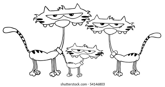Outlined Family Cats Cartoon Characters