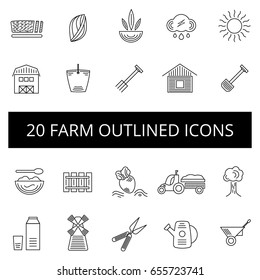 Outlined farm icon set with twenty icons on white background