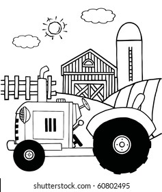 Outlined Farm Tractor In A Pasture Near A Barn And Silo