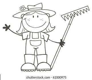 Outlined Farmer Girl Holding A Rake And Waving