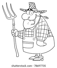 Outlined Farmer Man Carrying A Rake