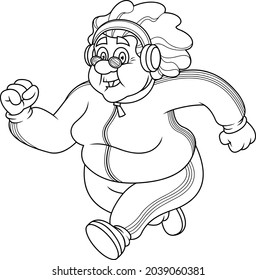 Outlined Fat Grandmother Cartoon Character Jogging. Vector Hand Drawn Illustration Isolated On Transparent Background