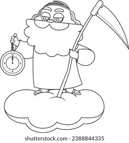 Outlined Father Time Man Cartoon Character With Scythe Showing A Clock. Vector Hand Drawn Illustration Isolated On Transparent Background