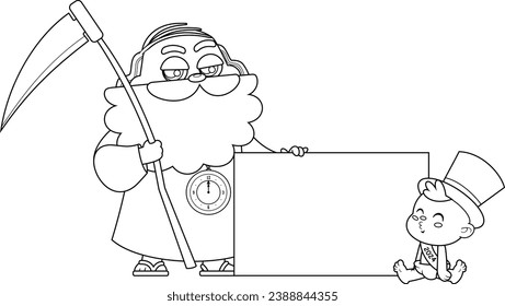 Outlined Father Time Man And New Year Baby Cartoon Characters Showing A Blank Sign. Vector Hand Drawn Illustration Isolated On Transparent Background