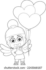 Outlined Female Chibi Cupid Baby Cartoon Character With Heart Balloons. Vector Hand Drawn Illustration Isolated On Transparent Background