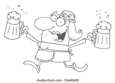 Outlined Female Leprechaun Running With Beers