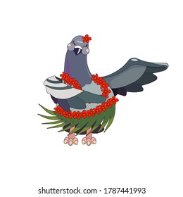 Esbozo Feral Pigeon bailando con el traje Hula sobre fondo blanco aislado, ilustración vectorial en estilo de caricatura para impresiones, patrones, pegatinas, elementos de diseño para aterrizajes, sitios web o iconos.