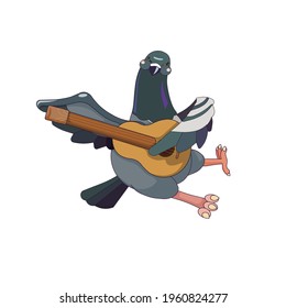 Outlined Feral Pigeon playing the guitar on white isolated background, vector Rock Dove with Musical instrument in Cartoon style for prints, stickers, elements of design for social media and apps.