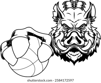 Outlined Ferocious Wild Boar Clawing Basketball Sports Mascot Logo Design. Vector Hand Drawn Illustration Isolated On Transparent Background