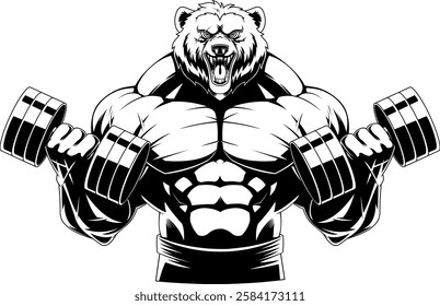 Outlined Fierce Bodybuilder Bear Lifting Dumbbells Sports Mascot Logo Design. Vector Hand Drawn Illustration Isolated On Transparent Background