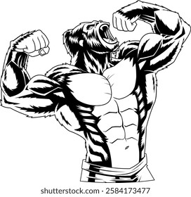 Outlined Fierce Bodybuilder Gorilla Flexing Muscles Sports Mascot Logo Design. Vector Hand Drawn Illustration Isolated On Transparent Background