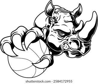 Outlined Fierce Rhino Holding Basketball Sports Mascot Logo Design. Vector Hand Drawn Illustration Isolated On Transparent Background