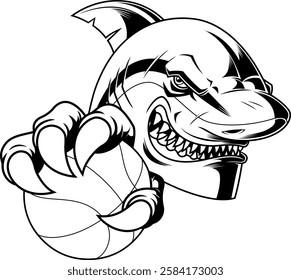 Outlined Fierce Shark Clawing Basketball Sports Mascot Logo Design. Vector Hand Drawn Illustration Isolated On Transparent Background