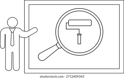 Outlined figure gestures to framed paint roller magnified by a magnifying glass