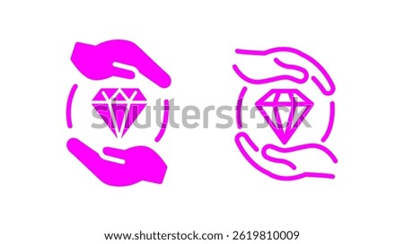 Outlined and filled icons of pink hands surrounding a diamond illustrating symbolism of protection, care, and the precious value of resources, objects, or concepts.